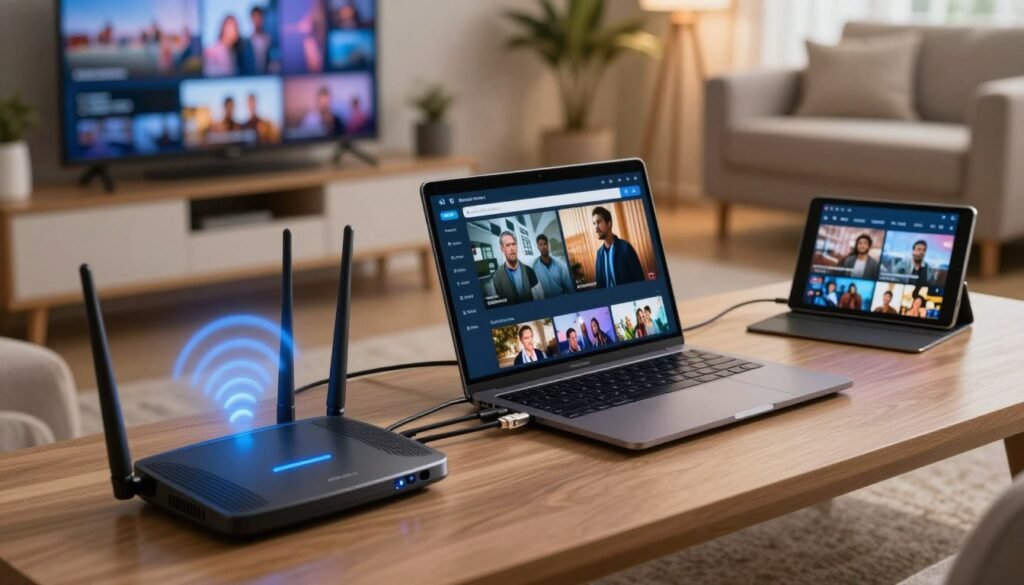 A busy home network setup to optimize IPTV performance in the United States. In the foreground, a sleek router with multiple antennas emits a blue glow, symbolizing a strong signal. In the middle, a laptop displays a streaming interface with high-definition video buffering smoothly. Surrounding the laptop, ethernet cables are neatly arranged, connecting to various devices like a smart TV and a tablet, emphasizing connectivity. In the background, a cozy living room setting features comfortable furniture and soft, warm lighting, creating an inviting atmosphere. The angle is slightly tilted down, focusing on the network setup and the streaming experience. The mood is professional yet relaxed, highlighting the importance of a well-optimized network for uninterrupted IPTV service.