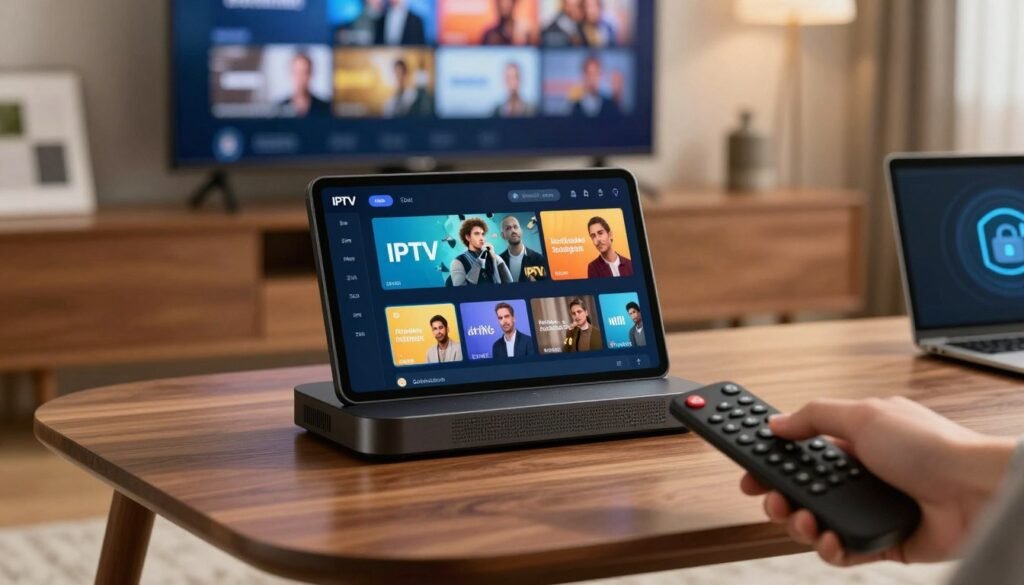 A close-up view of a sleek, modern digital streaming device prominently displaying an IPTV interface, set on a stylish wooden coffee table. In the foreground, a pair of professional-looking hands navigate the user-friendly platform using a remote control. The middle background features a cozy living room setting with a modern flat-screen TV showing vibrant IPTV content, surrounded by soft lighting that creates a warm, inviting atmosphere. In the distant background, subtle hints of legal documents and a laptop with cybersecurity icons emphasize the themes of legal and safety considerations. The overall mood is informative and professional, with a focus on technology and user experience. The image is well-lit, capturing details with a shallow depth of field to enhance the sophisticated, contemporary environment.