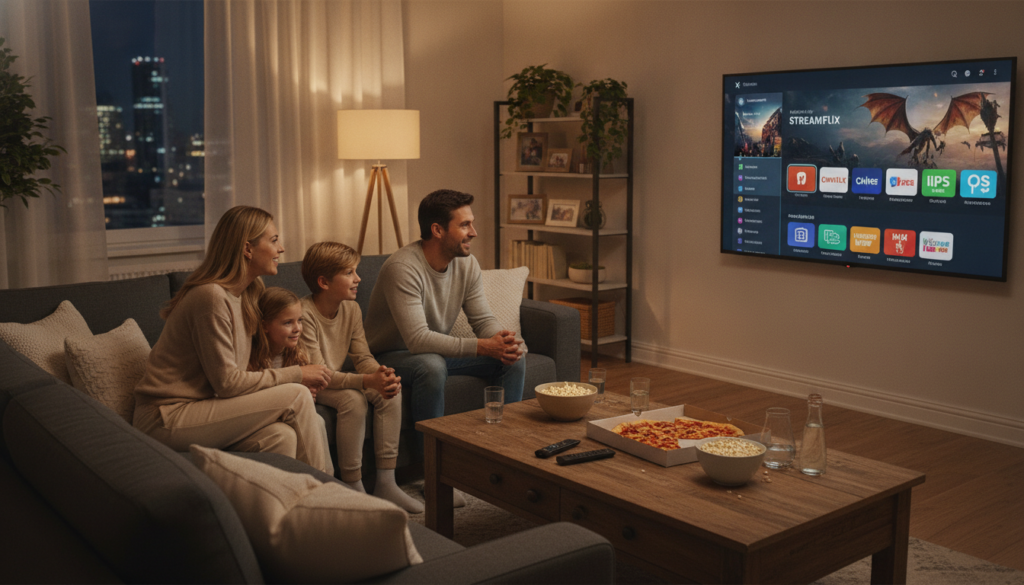 A cozy living room scene featuring a family enjoying quality time together while streaming content on a large television. In the foreground, a stylish sofa with plush cushions and a coffee table scattered with remotes and snacks. The family members, dressed in comfortable yet smart casual clothing, are engaged and smiling as they watch a thrilling show. In the middle ground, the television displays a vibrant streaming interface, showcasing various IPTV service icons in a user-friendly layout. The background is softly lit, with warm ambient lighting from floor lamps, adding a relaxed and inviting atmosphere. The scene conveys a sense of enjoyment and connection, ideal for enhancing the IPTV experience.