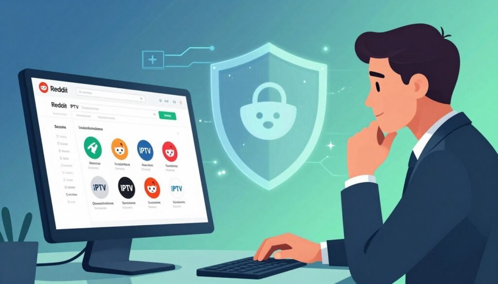 A digital illustration depicting a secure online environment for navigating Reddit IPTV subreddits. In the foreground, a computer screen displays a user-friendly Reddit interface with various IPTV subreddit icons. Beside the screen, a person in professional business attire is engaged in thoughtful browsing, their expression focused and contemplative. In the middle ground, an abstract representation of a digital shield symbolizes cybersecurity, with subtle glowing effects to emphasize protection. The background features a soft gradient that conveys a sense of calm reassurance, blending cool blues and greens. Soft, even lighting casts no harsh shadows, creating a welcoming atmosphere. The perspective is slightly angled to give depth, encouraging viewers to feel as if they are part of the exploration.