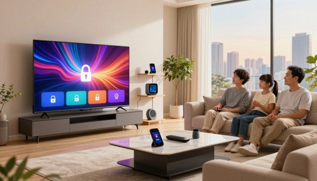 A futuristic living room featuring a high-tech IPTV setup. In the foreground, a sleek, modern television displaying vibrant, abstract graphics indicating streaming content and security icons like padlocks and firewalls. A stylish coffee table with digital devices and a remote control sits beside a comfortable sofa, where a family is attentively watching, dressed in smart casual attire. The middle ground shows shelves with smart gadgets and a small indoor plant, while the background includes large windows showcasing a city skyline bathed in soft, warm natural light. The overall atmosphere is inviting yet sophisticated, emphasizing security and privacy technology within an advanced IPTV environment. The perspective is slightly angled, giving depth to the scene, with a focus on clarity and warmth in the lighting.