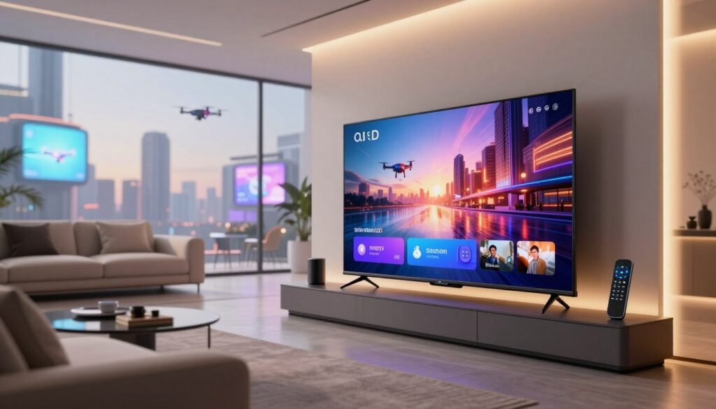 A futuristic living room showcasing advanced TV technology in the foreground, featuring a sleek, ultra-thin OLED television displaying vibrant, high-definition content. The TV is mounted on a minimalist wall unit, surrounded by smart home devices and an intuitive remote control. In the middle ground, a comfortable sofa and stylish furniture create an inviting atmosphere, accented by soft, warm LED lighting that enhances the modern design. The background depicts a panoramic view through large windows, revealing a cityscape with digital billboards and drone traffic, signifying a high-tech future. The overall mood is innovative and aspirational, representing the cutting-edge of entertainment technology in 2027. The scene is illuminated by soft focus lighting, shot from a low angle to emphasize the TV's cutting-edge features. A futuristic living room showcasing advanced TV technology in the foreground, featuring a sleek, ultra-thin OLED television displaying vibrant, high-definition content. The TV is mounted on a minimalist wall unit, surrounded by smart home devices and an intuitive remote control. In the middle ground, a comfortable sofa and stylish furniture create an inviting atmosphere, accented by soft, warm LED lighting that enhances the modern design. The background depicts a panoramic view through large windows, revealing a cityscape with digital billboards and drone traffic, signifying a high-tech future. The overall mood is innovative and aspirational, representing the cutting-edge of entertainment technology in 2027. The scene is illuminated by soft focus lighting, shot from a low angle to emphasize the TV's cutting-edge features.