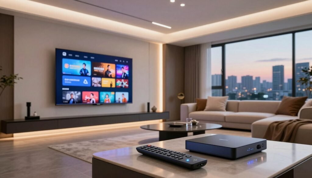 A futuristic living room showcasing cutting-edge IPTV technology. In the foreground, a sleek, ultra-thin smart TV is mounted on a minimalist wall, displaying vibrant streaming content. A high-tech remote control lies on a stylish coffee table, alongside a sophisticated set-top box with glowing LED indicators. In the middle ground, a comfortable sectional sofa with modern design invites viewers to relax. Ambient lighting emanates from smart ceiling lights, casting a warm glow on the space. In the background, large windows reveal a city skyline at dusk, adding an urban touch. The atmosphere feels innovative and inviting, underscored by a blend of technology and comfort, all captured from a slightly angled perspective to emphasize depth and sophistication. A futuristic living room showcasing cutting-edge IPTV technology. In the foreground, a sleek, ultra-thin smart TV is mounted on a minimalist wall, displaying vibrant streaming content. A high-tech remote control lies on a stylish coffee table, alongside a sophisticated set-top box with glowing LED indicators. In the middle ground, a comfortable sectional sofa with modern design invites viewers to relax. Ambient lighting emanates from smart ceiling lights, casting a warm glow on the space. In the background, large windows reveal a city skyline at dusk, adding an urban touch. The atmosphere feels innovative and inviting, underscored by a blend of technology and comfort, all captured from a slightly angled perspective to emphasize depth and sophistication.