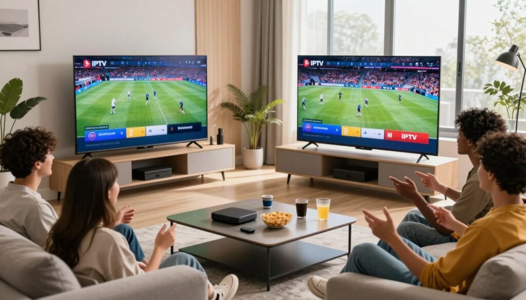 A modern living room designed for sports enthusiasts, featuring a large flat-screen television displaying vibrant IPTV sports channels. In the foreground, a group of diverse friends, casually dressed, are joyfully discussing sports, with snacks and drinks on a stylish coffee table. The middle ground showcases an inviting sofa and contemporary decor, while high-tech devices, like a streaming box and remote controls, hint at the advanced IPTV service. The background includes large windows with natural light streaming in, enhancing the lively atmosphere. Use warm, inviting lighting to evoke a sense of camaraderie and excitement, captured at eye level with a slight depth of field focusing on the interactions.