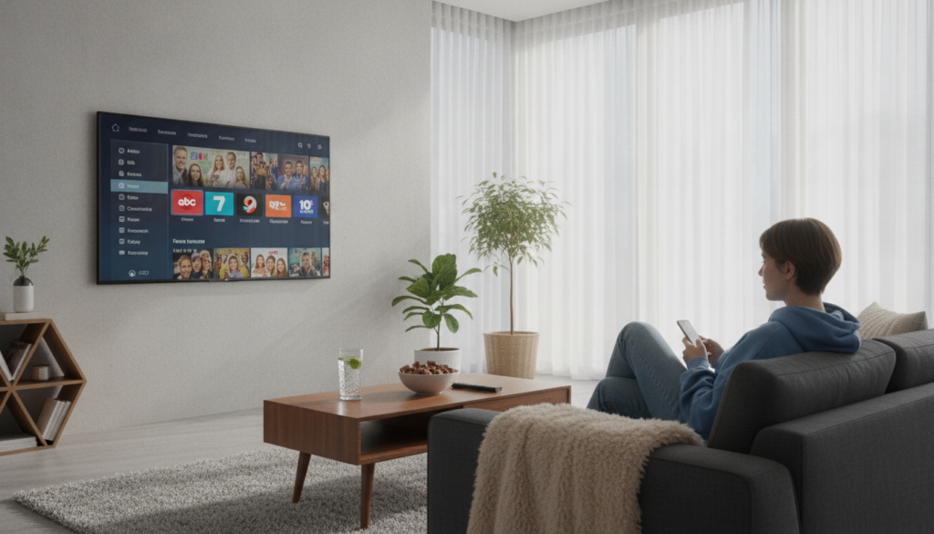 A modern living room interior showcasing a large flat-screen TV displaying a vibrant streaming interface with various Australian channels. In the foreground, an elegant coffee table with a remote control and snacks invites the viewer into the scene. In the middle, a sleek, contemporary sofa where a casually dressed person sits, engaged in watching content, their expression absorbed and relaxed. The background features large windows with soft sunlight filtering through sheer curtains, illuminating the room and creating a warm, inviting ambiance. The overall mood is cozy and engaging, reflecting a perfect user experience for streaming TV in Australia. The composition is captured at eye-level for a relatable perspective, with soft, natural lighting to enhance the inviting atmosphere.