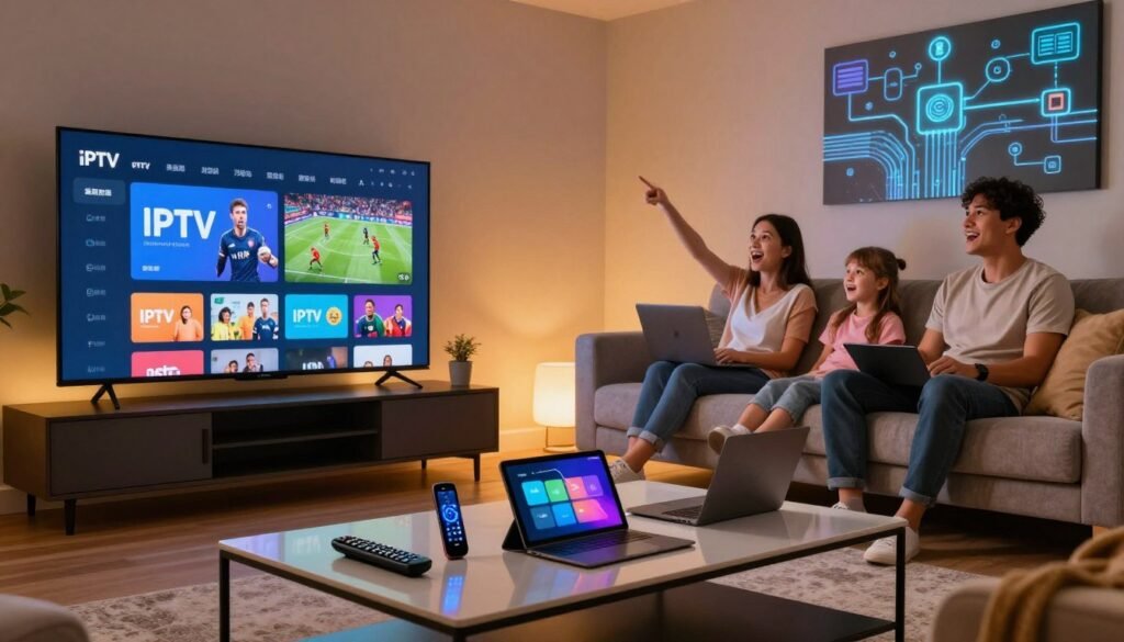 A modern living room setting illuminated with warm, ambient light, featuring a sleek television displaying an IPTV streaming interface. In the foreground, a stylish coffee table with various devices like a smart remote, a laptop, and a tablet, showcasing diverse streaming options. The middle ground features a plush couch with a family dressed in casual, comfortable clothing, engaged in watching live sports, their expressions excited. The background is a tech-inspired wall adorned with digital art depicting fiber optic cables and various connection symbols, representing the technical aspect of IPTV. The image captures a cozy yet advanced atmosphere, emphasizing seamless technology in everyday life, with a focus on connectivity and enjoyment of live TV content.