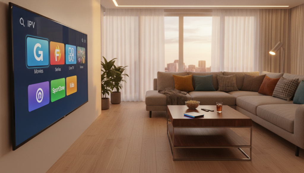 A modern living room setting that showcases a sleek IPTV setup. In the foreground, a stylish flat-screen TV displays a vibrant menu of IPTV channels, with icons representing various entertainment options. To the right, a chic coffee table holds a high-tech streaming device, remote controls, and snacks, emphasizing a cozy viewing experience. The middle ground features a comfortable sofa adorned with colorful cushions, suggesting a inviting atmosphere for family or friends. In the background, large windows allow natural light to flood the room, creating a serene ambiance. The overall mood is warm and relaxed, perfect for enjoying multimedia content. The lighting is soft, with a warm hue that enhances the inviting feel of the scene, captured from a slightly elevated angle to provide a comprehensive view of the living space.