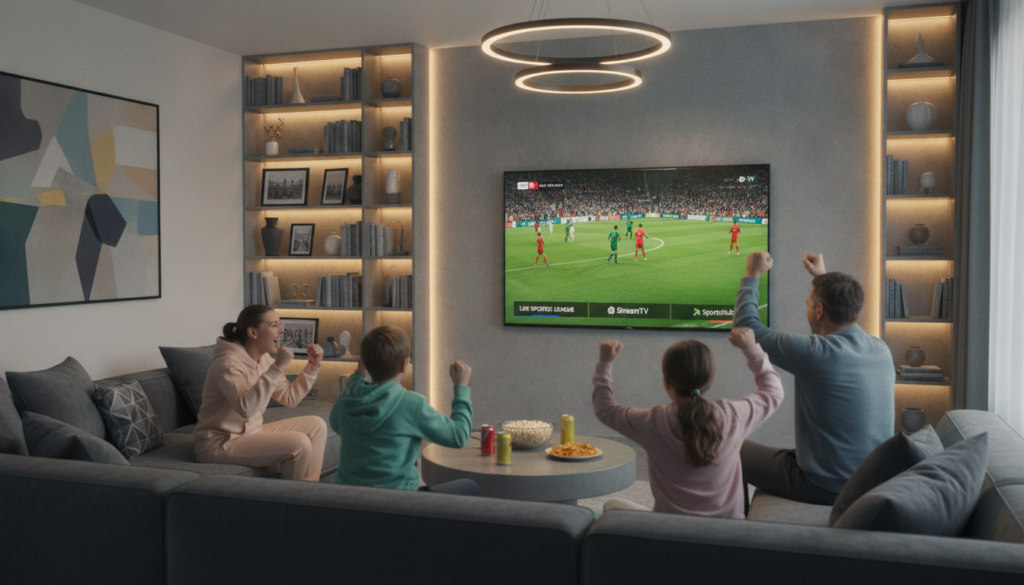 A modern living room setting with a large, sleek flat-screen TV displaying vibrant, high-definition IPTV channels. In the foreground, a family—dressed in casual, comfortable clothing—sits on a stylish sofa, engaged in watching a live sports event, showcasing excitement and joy on their faces. The middle ground features a stylish coffee table with snacks and drinks, enhancing the atmosphere of a cozy home viewing experience. The background includes warm, ambient lighting, and decor that conveys a contemporary British aesthetic, such as a well-arranged bookshelf and framed artwork. The mood is lively and inviting, highlighting the user-friendly nature of IPTV services. Capture this scene with a bright lens focus to emphasize the clarity of the image and the expressions of the family. A modern living room setting with a large, sleek flat-screen TV displaying vibrant, high-definition IPTV channels. In the foreground, a family—dressed in casual, comfortable clothing—sits on a stylish sofa, engaged in watching a live sports event, showcasing excitement and joy on their faces. The middle ground features a stylish coffee table with snacks and drinks, enhancing the atmosphere of a cozy home viewing experience. The background includes warm, ambient lighting, and decor that conveys a contemporary British aesthetic, such as a well-arranged bookshelf and framed artwork. The mood is lively and inviting, highlighting the user-friendly nature of IPTV services. Capture this scene with a bright lens focus to emphasize the clarity of the image and the expressions of the family.