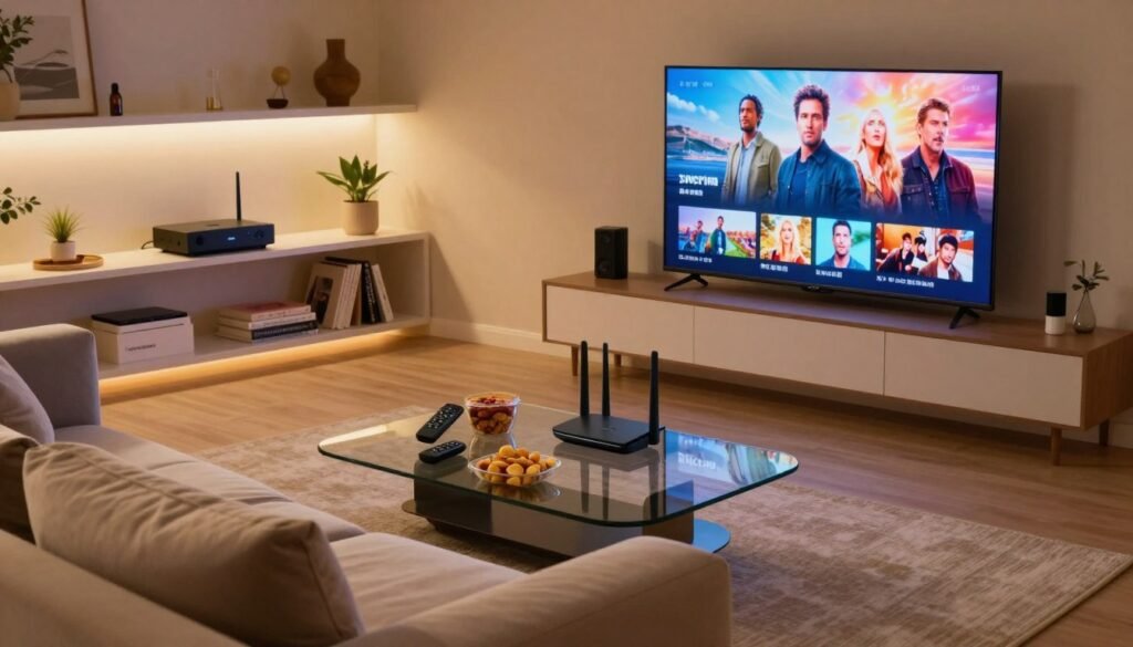 A modern living room setup designed for optimal IPTV streaming, featuring a sleek flat-screen TV displaying vibrant content. In the foreground, a stylish, comfortable couch with plush cushions invites relaxation. The middle ground includes a glass coffee table with remote controls, snacks, and a sleek wireless router glowing subtly, indicating high-speed internet. In the background, softly lit shelves house streaming devices, books, and décor that emphasize a cozy yet high-tech environment. The room has warm, inviting lighting, creating a relaxed atmosphere conducive to binge-watching. The angle is slightly elevated, providing a clear view of the entire setup, while maintaining a focus on the high-quality tech elements. No people are present, ensuring a clean, distraction-free image.