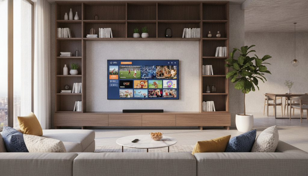 A modern living room setup, featuring a sleek television displaying a vibrant IPTV interface showcasing diverse live channels. In the foreground, a comfortable sofa with neatly arranged cushions invites the viewer in. A stylish coffee table holds a remote control and a bowl of snacks, adding a cozy touch. In the middle, sunlight filters through large windows, illuminating the space, creating a warm and inviting atmosphere. The background reveals contemporary decor with plants and bookshelves, emphasizing a technology-friendly environment. The scene is captured with a wide-angle lens, focusing on the IPTV functionality while maintaining an airy feel, perfect for a modern entertainment space. The mood is relaxed and engaging, ideal for highlighting IPTV solutions. A modern living room setup, featuring a sleek television displaying a vibrant IPTV interface showcasing diverse live channels. In the foreground, a comfortable sofa with neatly arranged cushions invites the viewer in. A stylish coffee table holds a remote control and a bowl of snacks, adding a cozy touch. In the middle, sunlight filters through large windows, illuminating the space, creating a warm and inviting atmosphere. The background reveals contemporary decor with plants and bookshelves, emphasizing a technology-friendly environment. The scene is captured with a wide-angle lens, focusing on the IPTV functionality while maintaining an airy feel, perfect for a modern entertainment space. The mood is relaxed and engaging, ideal for highlighting IPTV solutions.