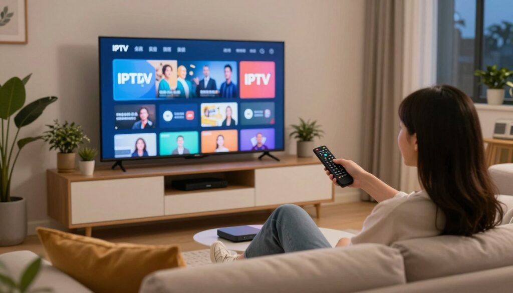 A modern living room setup showcasing a large flat-screen TV displaying a vibrant IPTV streaming interface. In the foreground, there is a comfortable sofa with pillows, inviting viewers to sit and enjoy. To the left, a sleek entertainment unit houses various streaming devices, surrounded by potted plants adding a touch of nature. In the middle ground, a person in smart casual attire is attentively holding a remote control, their expression reflecting satisfaction. The background features soft, ambient lighting, creating a cozy atmosphere, with soft-focus elements like a window showing evening or night time outside. The overall mood is one of relaxation and enjoyment, highlighting the reliability of IPTV streaming services. A modern living room setup showcasing a large flat-screen TV displaying a vibrant IPTV streaming interface. In the foreground, there is a comfortable sofa with pillows, inviting viewers to sit and enjoy. To the left, a sleek entertainment unit houses various streaming devices, surrounded by potted plants adding a touch of nature. In the middle ground, a person in smart casual attire is attentively holding a remote control, their expression reflecting satisfaction. The background features soft, ambient lighting, creating a cozy atmosphere, with soft-focus elements like a window showing evening or night time outside. The overall mood is one of relaxation and enjoyment, highlighting the reliability of IPTV streaming services.