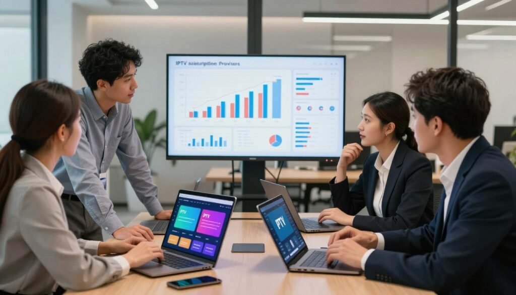 A modern office setting showcasing a team of diverse professionals analyzing data on IPTV subscription providers. In the foreground, a group of four individuals—two men and two women—are engaged in a fruitful discussion. They are dressed in smart business attire, with laptops and digital devices displaying vibrant IPTV interface screens. The scene conveys collaboration and innovation. In the middle background, a large screen shows graphs and statistics reflecting IPTV market trends. The background features sleek, contemporary office decor with soft, natural lighting that creates a warm and inviting atmosphere. The image captures a sense of growth and expertise in the IPTV domain, with a focus on professionalism and teamwork.