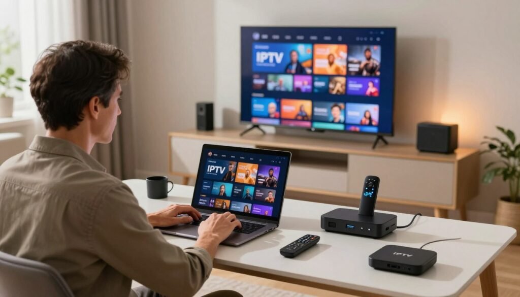 A modern, sleek home office setting showcasing a professional working on a laptop, embodying the essence of a reliable IPTV provider. The foreground features the user, a middle-aged person in smart casual attire, focused on the screen with IPTV content displayed. In the middle, a stylish desk cluttered with tech gadgets like a smart TV remote and streaming devices, emphasizing cutting-edge technology. The background features a large wall-mounted TV displaying vibrant IPTV channels, with ambient lighting that creates a warm, inviting atmosphere. Soft natural light streams in from a window, highlighting the crisp, organized space. The overall mood is productive and sophisticated, reflecting trust and dependability in IPTV services.