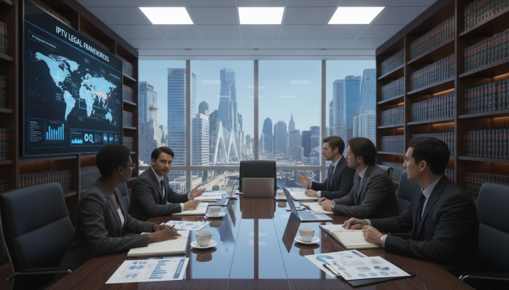 A professionally designed office environment showcasing legal considerations for IPTV services. In the foreground, a diverse group of business professionals in smart attire, including a Black woman and a South Asian man, are engaged in a discussion around a conference table strewn with legal documents and digital devices displaying graphs and charts. In the middle ground, a large window reveals a cityscape, symbolizing the broader market. The background features shelves filled with law books and a large screen displaying a map pinpointing various IPTV regulations. The lighting is bright and focused, with a soft glow promoting a serious yet collaborative atmosphere. The image conveys professionalism, the gravity of legal compliance, and the innovative nature of IPTV technology.