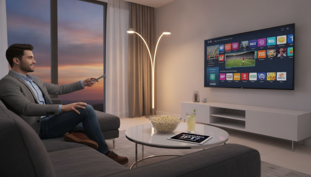 A sleek and modern living room setup showcasing a smart TV displaying a vibrant IPTV interface, with various channels and content thumbnails visible. In the foreground, a young professional man in smart casual attire, relaxed on a plush sofa, holds a remote control, looking engaged and enjoying the streaming service. The middle ground features a stylish coffee table adorned with popcorn and a drink, adding a cozy touch. In the background, soft ambient lighting from elegant lamps casts a warm glow, while large windows frame a view of a sunset sky, enhancing the inviting atmosphere. The lens perspective is slightly angled to create depth, highlighting the comfort and convenience of affordable IPTV services. A sleek and modern living room setup showcasing a smart TV displaying a vibrant IPTV interface, with various channels and content thumbnails visible. In the foreground, a young professional man in smart casual attire, relaxed on a plush sofa, holds a remote control, looking engaged and enjoying the streaming service. The middle ground features a stylish coffee table adorned with popcorn and a drink, adding a cozy touch. In the background, soft ambient lighting from elegant lamps casts a warm glow, while large windows frame a view of a sunset sky, enhancing the inviting atmosphere. The lens perspective is slightly angled to create depth, highlighting the comfort and convenience of affordable IPTV services.