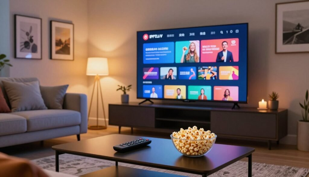 A sleek, modern living room designed for entertainment, with a large flat-screen TV displaying a vibrant IPTV interface showcasing various channels. In the foreground, a stylish coffee table is adorned with a remote control and a bowl of popcorn, evoking a cozy, relaxed atmosphere. The middle ground features a comfortable sofa with plush cushions, inviting viewers to imagine settling in for a streaming session. The background showcases a tasteful wall with framed art and ambient lighting that gives the room a warm glow, enhancing the inviting feel. The scene is well-lit, emphasizing the high-tech elements and creating a sense of excitement about IPTV services. The overall mood is engaging and modern, capturing the essence of cutting-edge entertainment in the home.