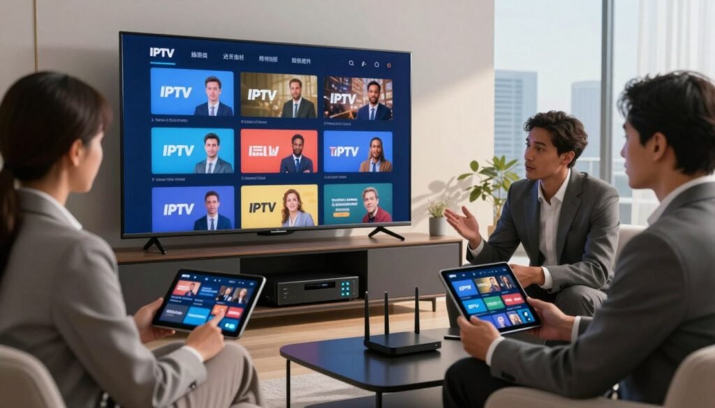 A sleek, modern living room setting featuring a large, flat-screen smart TV displaying various IPTV streaming channels. In the foreground, a diverse group of three professionals in business attire is engaged in discussion, with one person holding a tablet showcasing an IPTV interface. In the middle ground, a stylish media console holds advanced IPTV equipment, such as a digital receiver and a router with glowing indicators, symbolizing high-tech connectivity. Soft, ambient lighting creates a warm atmosphere, while the background features a large window with a city skyline, hinting at a contemporary urban environment. The overall mood is collaborative and forward-thinking, emphasizing legal and security considerations in digital streaming technology. A sleek, modern living room setting featuring a large, flat-screen smart TV displaying various IPTV streaming channels. In the foreground, a diverse group of three professionals in business attire is engaged in discussion, with one person holding a tablet showcasing an IPTV interface. In the middle ground, a stylish media console holds advanced IPTV equipment, such as a digital receiver and a router with glowing indicators, symbolizing high-tech connectivity. Soft, ambient lighting creates a warm atmosphere, while the background features a large window with a city skyline, hinting at a contemporary urban environment. The overall mood is collaborative and forward-thinking, emphasizing legal and security considerations in digital streaming technology.