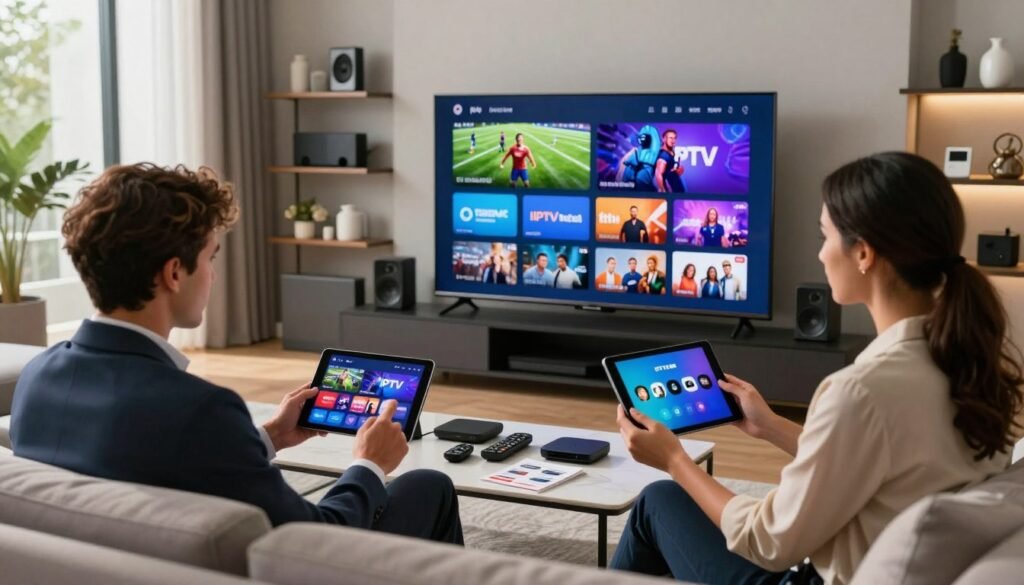 A sleek, modern living room setting featuring a large, high-definition TV displaying a dynamic IPTV interface filled with vibrant channels showcasing sports, movies, and news programs. In the foreground, two diverse adults, a man and a woman, dressed in professional business attire, are seated comfortably on a stylish couch, discussing and comparing different IPTV options on a tablet. The middle ground shows a coffee table cluttered with various streaming device remotes and user-friendly guides. Soft, natural lighting filters in through large windows, creating a warm and inviting atmosphere. The background features shelves adorned with tech gadgets and decorative items, emphasizing a contemporary, connected lifestyle for American viewers interested in IPTV services.