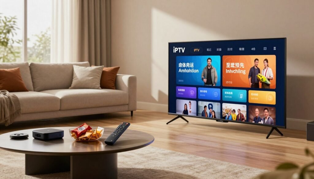 A sleek, modern living room setup showcasing the essence of premium IPTV service. In the foreground, a stylish smart TV displays vibrant streaming content, with a high-end remote control casually placed nearby. The middle layer features a cozy sofa adorned with cushy pillows, inviting viewers to experience comfort while streaming. In the background, large windows let in soft, natural light, creating an open atmosphere. The use of warm tones and subtle shadows enhances a relaxed mood. Decorative elements like a trendy coffee table filled with snacks and a few streaming devices add to the captivating scene. Capture the professional yet laid-back vibe, emphasizing the joy of enjoying top-quality entertainment. A sleek, modern living room setup showcasing the essence of premium IPTV service. In the foreground, a stylish smart TV displays vibrant streaming content, with a high-end remote control casually placed nearby. The middle layer features a cozy sofa adorned with cushy pillows, inviting viewers to experience comfort while streaming. In the background, large windows let in soft, natural light, creating an open atmosphere. The use of warm tones and subtle shadows enhances a relaxed mood. Decorative elements like a trendy coffee table filled with snacks and a few streaming devices add to the captivating scene. Capture the professional yet laid-back vibe, emphasizing the joy of enjoying top-quality entertainment.