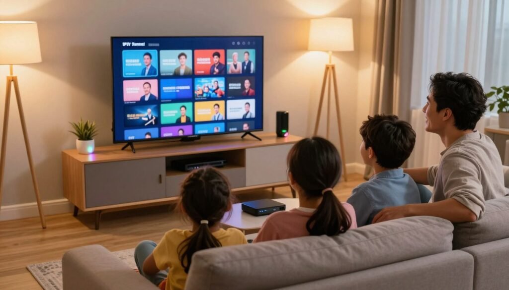 A visually engaging image depicting a cozy living room setting, where a family enjoys watching IPTV on a modern flat-screen TV. In the foreground, a diverse family of four—parents in smart casual attire and children in comfortable clothing—are gathered on a stylish sofa, their faces expressing delight as they watch engaging content. In the middle ground, a sleek entertainment unit shows various streaming devices, with vibrant lights indicating connectivity. The background reveals soft, ambient lighting from warm lamps, creating a welcoming, relaxed atmosphere. The scene captures the balance of affordability and quality, with a focus on a high-definition television display showing colorful and captivating streaming visuals. The mood is inviting and joyful, illustrating the enjoyment of inexpensive IPTV services in the comfort of home. A visually engaging image depicting a cozy living room setting, where a family enjoys watching IPTV on a modern flat-screen TV. In the foreground, a diverse family of four—parents in smart casual attire and children in comfortable clothing—are gathered on a stylish sofa, their faces expressing delight as they watch engaging content. In the middle ground, a sleek entertainment unit shows various streaming devices, with vibrant lights indicating connectivity. The background reveals soft, ambient lighting from warm lamps, creating a welcoming, relaxed atmosphere. The scene captures the balance of affordability and quality, with a focus on a high-definition television display showing colorful and captivating streaming visuals. The mood is inviting and joyful, illustrating the enjoyment of inexpensive IPTV services in the comfort of home.