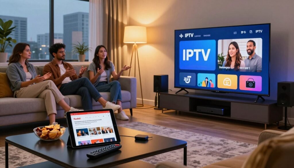 A visually striking digital composition showcasing a modern living room setting, featuring a smart TV displaying an interface highlighting IPTV options. The foreground includes a sleek coffee table with a remote control, snacks, and a tablet showing a Reddit page discussing IPTV services. In the middle ground, a comfortable couch with professional, casually dressed individuals engaged in discussion about IPTV, surrounded by tech gadgets like a streaming device and speakers. The background offers a cozy ambiance with warm lighting from floor lamps, big windows with city views, and stylish decor. The overall mood is lively and engaging, reflecting the excitement of discovering the best IPTV service. A visually striking digital composition showcasing a modern living room setting, featuring a smart TV displaying an interface highlighting IPTV options. The foreground includes a sleek coffee table with a remote control, snacks, and a tablet showing a Reddit page discussing IPTV services. In the middle ground, a comfortable couch with professional, casually dressed individuals engaged in discussion about IPTV, surrounded by tech gadgets like a streaming device and speakers. The background offers a cozy ambiance with warm lighting from floor lamps, big windows with city views, and stylish decor. The overall mood is lively and engaging, reflecting the excitement of discovering the best IPTV service.
