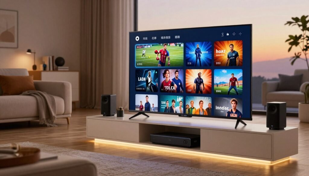 A visually striking living room setting showcasing a modern IPTV setup. In the foreground, a sleek ultra-high-definition television displays a vibrant array of rich channel thumbnails, showcasing various genres such as sports, movies, and documentaries. In the middle ground, a stylish entertainment center features streaming devices and speakers, all illuminated by soft, warm lighting that creates a welcoming atmosphere. The background shows a cozy seating arrangement with plush sofas and contemporary decorations, contributing to a sense of comfort. The lighting emphasizes the clarity and quality of the screen content, while a large window reveals a hint of a sunset outside, enhancing the tranquil mood. Overall, the image conveys an inviting and premium IPTV viewing experience.