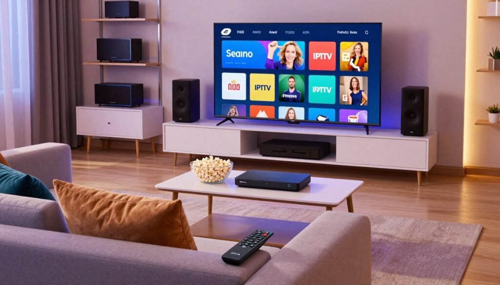 A vivid and modern living room set up for premium streaming services, featuring a sleek smart TV displaying a colorful interface of various streaming apps. In the foreground, a cozy couch adorned with stylish cushions, with a neatly placed remote control nearby. In the middle ground, a coffee table with popcorn and streaming devices, showcasing the convenience of IPTV. The background reveals a neatly arranged entertainment unit with surround sound speakers and shelves holding various tech gadgets. Soft, ambient lighting creates a warm and inviting atmosphere, with a hint of futuristic decor. The scene captures a comfortable family setting, hinting at a premium, high-tech viewing experience. A vivid and modern living room set up for premium streaming services, featuring a sleek smart TV displaying a colorful interface of various streaming apps. In the foreground, a cozy couch adorned with stylish cushions, with a neatly placed remote control nearby. In the middle ground, a coffee table with popcorn and streaming devices, showcasing the convenience of IPTV. The background reveals a neatly arranged entertainment unit with surround sound speakers and shelves holding various tech gadgets. Soft, ambient lighting creates a warm and inviting atmosphere, with a hint of futuristic decor. The scene captures a comfortable family setting, hinting at a premium, high-tech viewing experience.