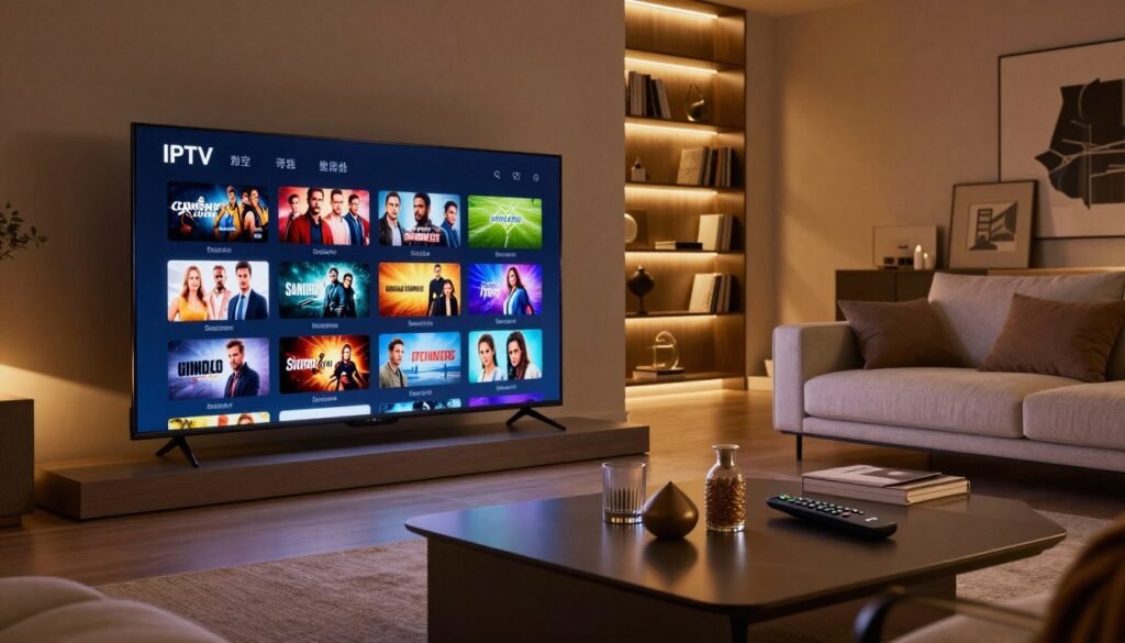 An advanced IPTV streaming service interface displayed on a sleek, modern flat-screen television in a contemporary living room. In the foreground, prominently feature the glowing screen displaying various IPTV channels, showcasing vibrant thumbnails of movies, sports, and series. In the middle ground, place a stylish, comfortable sofa with a remote control resting on it, while a stylish coffee table holds decorative items. In the background, softly illuminated by ambient lighting, are elegant bookshelves and artwork enhancing the room's modern aesthetics. The scene should convey a cozy yet high-tech atmosphere, emphasizing optimal performance and user experience in IPTV streaming. Use warm lighting to create a welcoming mood, captured with a slightly elevated angle to include both the screen and the inviting living space.