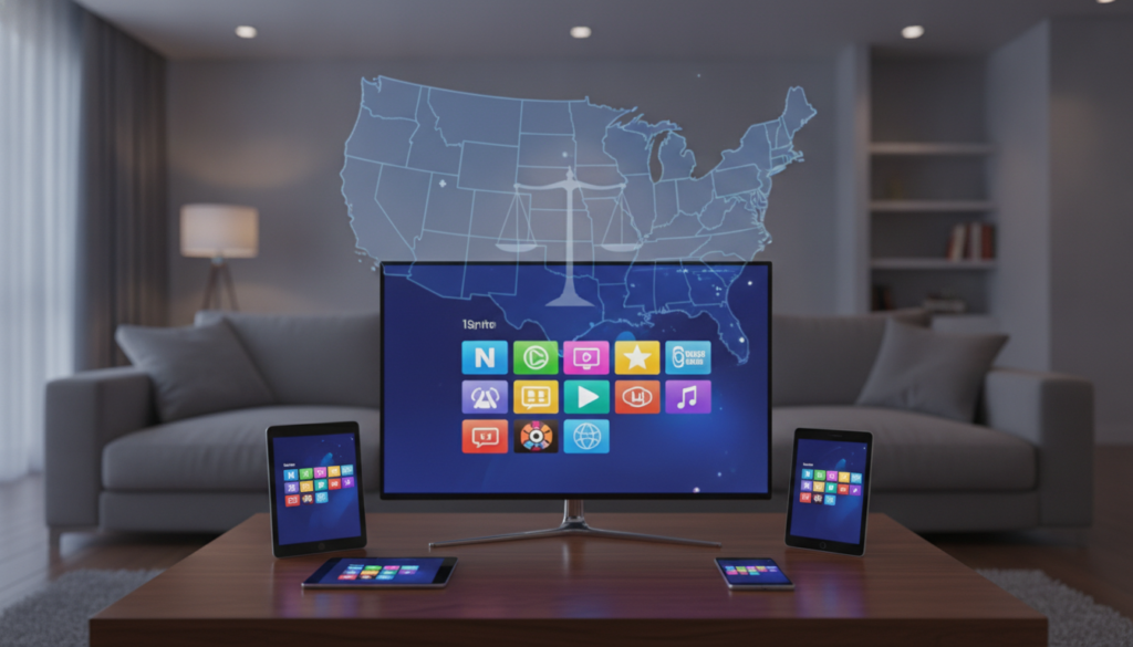 An artistic representation of IPTV packages in the USA, showcasing various streaming devices like smart TVs, tablets, and smartphones in the foreground. The devices display vibrant digital screens with colorful icons of popular channels. In the middle, a semi-transparent overlay of a map of the USA subtly hints at legal considerations with abstract, symbolized scales of justice. The background features a modern, stylish living room setup with soft, inviting lighting, emphasizing a cozy atmosphere for streaming. The scene is captured from a slightly elevated angle to give depth, while the overall mood remains professional and informative, suitable for a tech-focused audience. The image should be clear, detailed, and free from any text or watermarks. An artistic representation of IPTV packages in the USA, showcasing various streaming devices like smart TVs, tablets, and smartphones in the foreground. The devices display vibrant digital screens with colorful icons of popular channels. In the middle, a semi-transparent overlay of a map of the USA subtly hints at legal considerations with abstract, symbolized scales of justice. The background features a modern, stylish living room setup with soft, inviting lighting, emphasizing a cozy atmosphere for streaming. The scene is captured from a slightly elevated angle to give depth, while the overall mood remains professional and informative, suitable for a tech-focused audience. The image should be clear, detailed, and free from any text or watermarks.