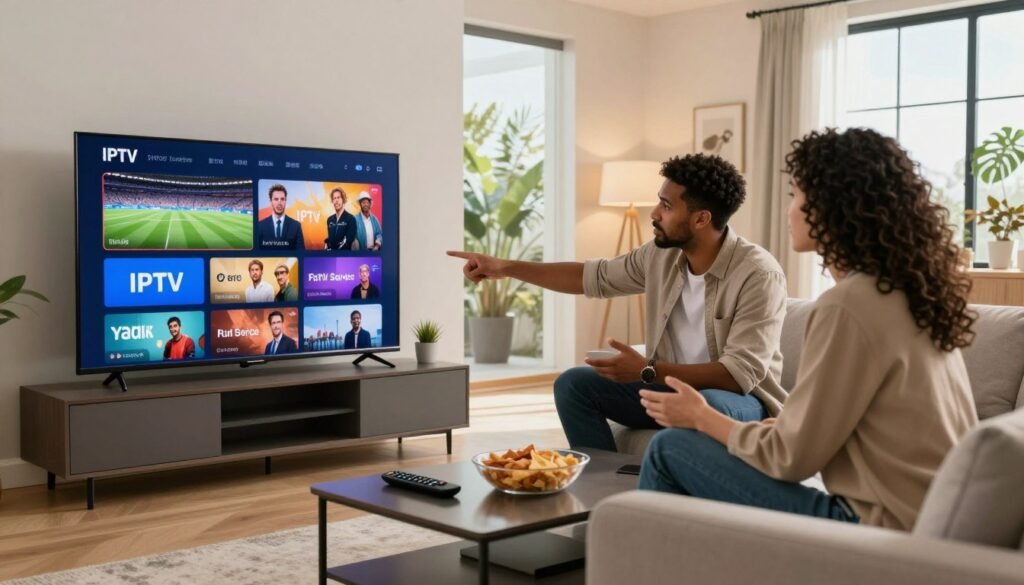 An engaging scene illustrating top-rated IPTV services for United States viewers. In the foreground, a sleek, modern living room equipped with a large flat-screen TV displaying vibrant streaming content, such as sports and movies. Comfortable furniture is arranged in an inviting manner, with a stylish coffee table holding a remote control and snacks. In the middle ground, a diverse group of two professionals, one male and one female, are discussing IPTV services while pointing at the screen, both dressed in smart casual attire. The background features a cozy ambiance with soft lighting from lamps, and large windows revealing a clear, sunny day outside. Overall, the atmosphere is friendly and informative, promoting a sense of community and discovery in the world of streaming services.