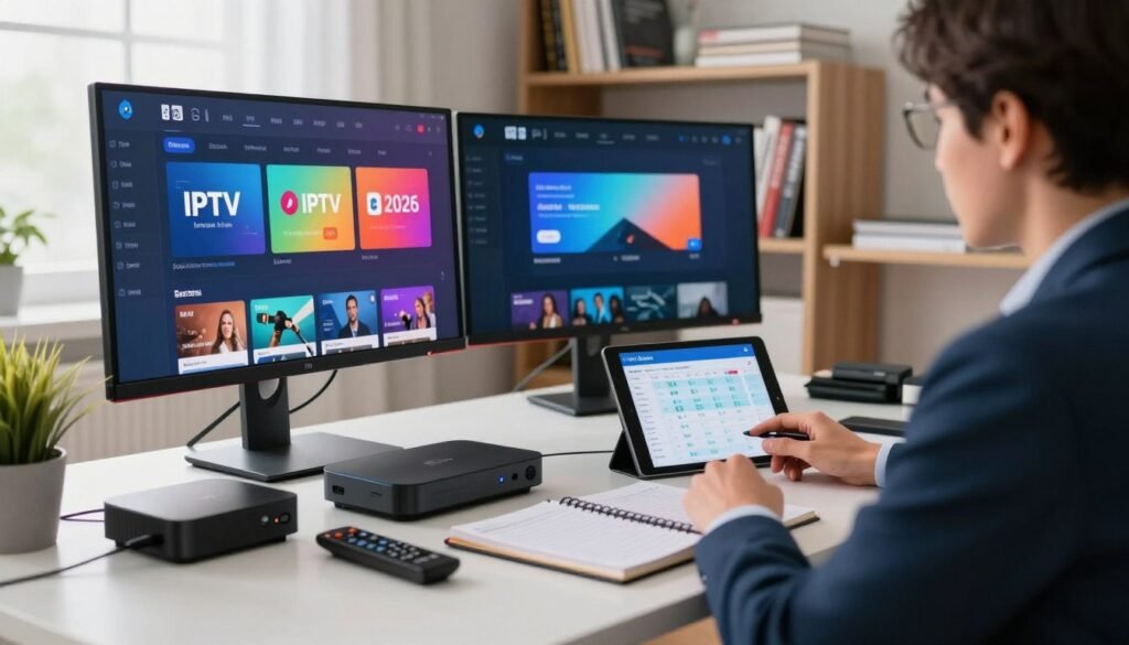 A modern home office scene showcasing a person in professional business attire, intently testing various IPTV services on multiple screens. In the foreground, a sleek desk is cluttered with streaming devices and remote controls, alongside notebooks filled with evaluations. The middle ground features a large computer monitor displaying an IPTV interface with vibrant graphics, while a tablet shows a comparison chart of services. In the background, a well-organized bookshelf filled with tech guides and magazines adds context. Soft, natural light filters in through a window, illuminating the focused atmosphere, depicting a sense of technology-driven dedication to discovering the best IPTV services of 2026. The image should evoke a mood of thorough investigation and professionalism. A modern home office scene showcasing a person in professional business attire, intently testing various IPTV services on multiple screens. In the foreground, a sleek desk is cluttered with streaming devices and remote controls, alongside notebooks filled with evaluations. The middle ground features a large computer monitor displaying an IPTV interface with vibrant graphics, while a tablet shows a comparison chart of services. In the background, a well-organized bookshelf filled with tech guides and magazines adds context. Soft, natural light filters in through a window, illuminating the focused atmosphere, depicting a sense of technology-driven dedication to discovering the best IPTV services of 2026. The image should evoke a mood of thorough investigation and professionalism.