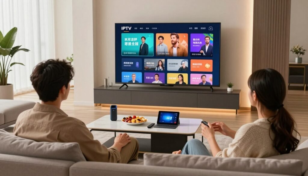 A modern living room setup showcasing a large, high-definition TV displaying vibrant IPTV interface designs. In the foreground, a couple dressed in smart casual attire is seated comfortably on a stylish sofa, discussing their favorite channels and programs. The middle ground features a sleek coffee table with digital gadgets, snacks, and a remote control, symbolizing a fun IPTV viewing experience. Soft, warm lighting bathes the room, creating an inviting atmosphere, while large windows in the background let in natural light. The decor is contemporary, with a minimalist aesthetic, emphasizing technology and comfort. The viewpoint is slightly angled, capturing the interaction between the couple and the TV, conveying a sense of modern entertainment and family bonding. A modern living room setup showcasing a large, high-definition TV displaying vibrant IPTV interface designs. In the foreground, a couple dressed in smart casual attire is seated comfortably on a stylish sofa, discussing their favorite channels and programs. The middle ground features a sleek coffee table with digital gadgets, snacks, and a remote control, symbolizing a fun IPTV viewing experience. Soft, warm lighting bathes the room, creating an inviting atmosphere, while large windows in the background let in natural light. The decor is contemporary, with a minimalist aesthetic, emphasizing technology and comfort. The viewpoint is slightly angled, capturing the interaction between the couple and the TV, conveying a sense of modern entertainment and family bonding.