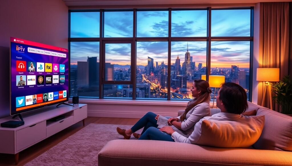 A vibrant living room scene showcasing a modern IPTV setup. In the foreground, a sleek, flat-screen television displays an engaging assortment of colorful channel icons, including sports, movies, and on-demand content. A stylish entertainment unit holds various streaming devices and a remote control. In the middle, a comfortable sofa adorned with plush pillows invites viewers to relax. A couple, dressed in smart casual attire, sits together, focused on the screen, demonstrating the family-friendly aspect of IPTV. The background features soft, ambient lighting, with a warm glow from a nearby lamp, enhancing the cozy atmosphere. Large windows reveal a scenic view of a bustling city skyline at twilight, suggesting a connection to world-class entertainment. The overall mood is inviting and contemporary, celebrating the best of IPTV streaming services.