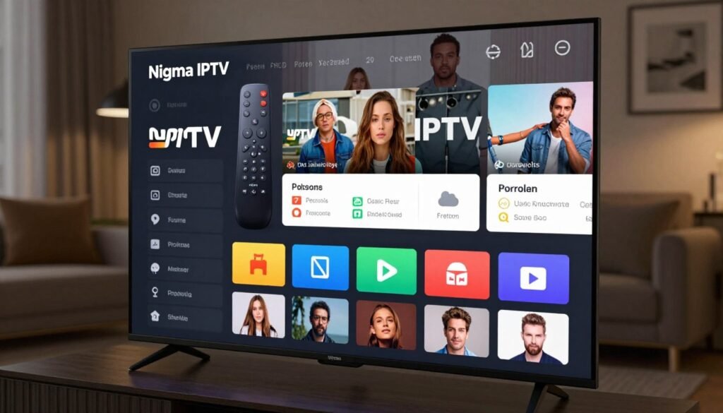 A sleek and modern streaming interface representing "Nigma IPTV", displayed on a high-resolution TV screen. The foreground features a clearly organized menu with vibrant icons representing various channels and genres, reflecting a user-friendly design. The middle layer shows a stylish remote control and a tablet displaying different features like channel options and streaming categories. The background is a cozy living room setting with dim ambient lighting, creating a relaxed atmosphere, emphasizing the digital entertainment experience. The lens perspective is slightly angled to focus on the screen while blurring the background softly. The mood is inviting and sophisticated, showcasing the advanced technology of IPTV. There are no text elements, ensuring a clean visual presentation.